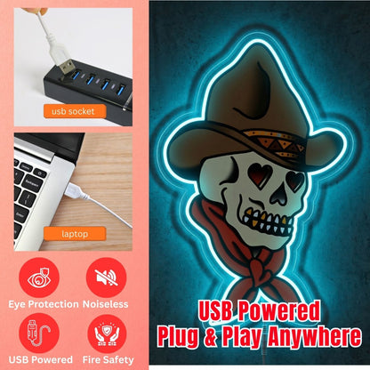 ShineNeon™ Cowboy Skull Heart Eyes LED Neon Sign Tattoo Art Western Wall Decor USB Power - Shineneon