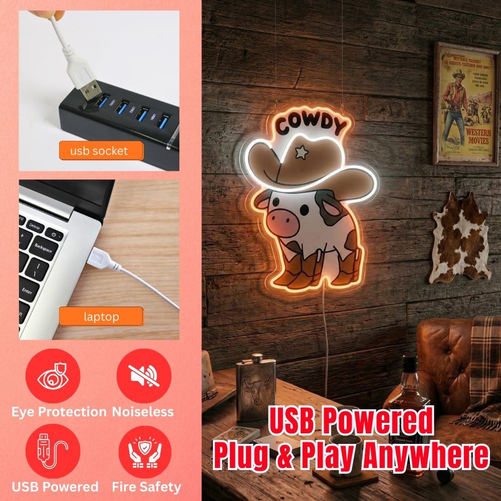 ShineNeon™ Cowdy Cow LED Neon Sign Western Cowboy Boots Room Decor USB Power - Shineneon