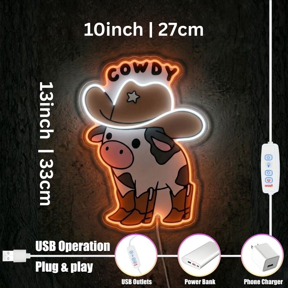 ShineNeon™ Cowdy Cow LED Neon Sign Western Cowboy Boots Room Decor USB Power - Shineneon