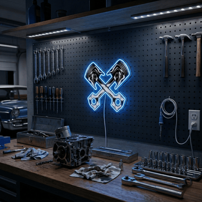 ShineNeon™ Crossed Pistons LED Neon Sign - Garage Mancave Wall Decor & Mechanic Gift - Shineneon