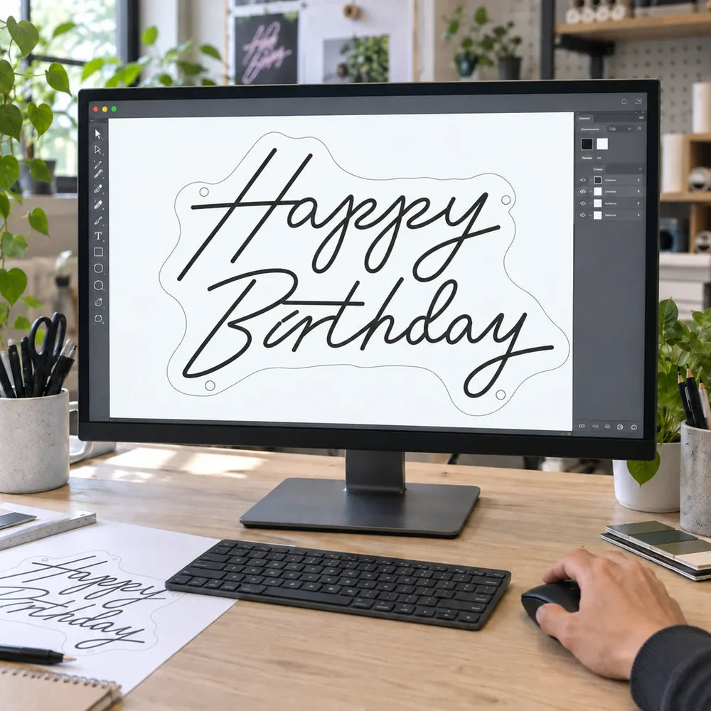 Happy Birthday neon design proof showing single-line lettering on a monitor.