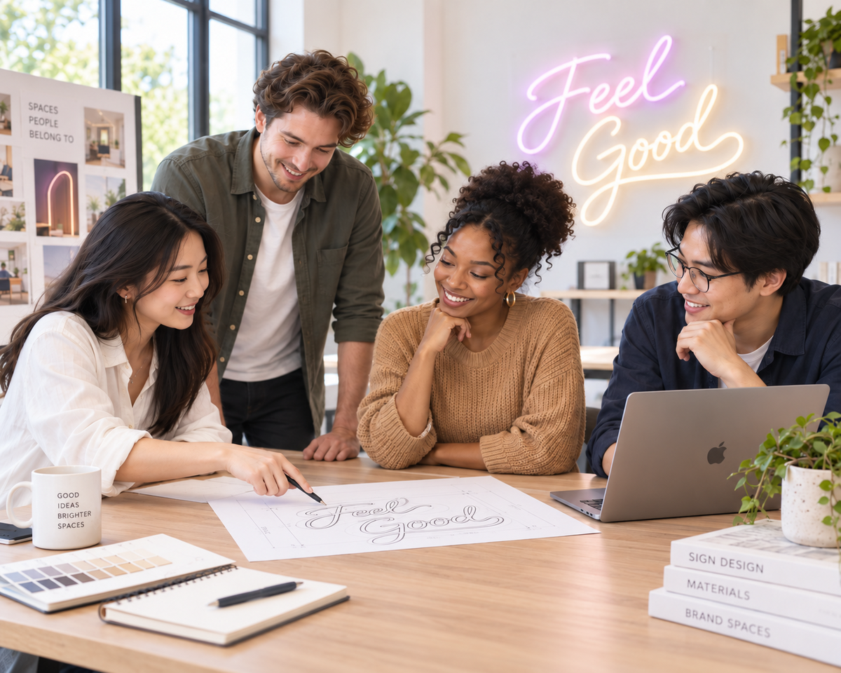 Four designers reviewing a custom neon sign drawing together in a bright studio.