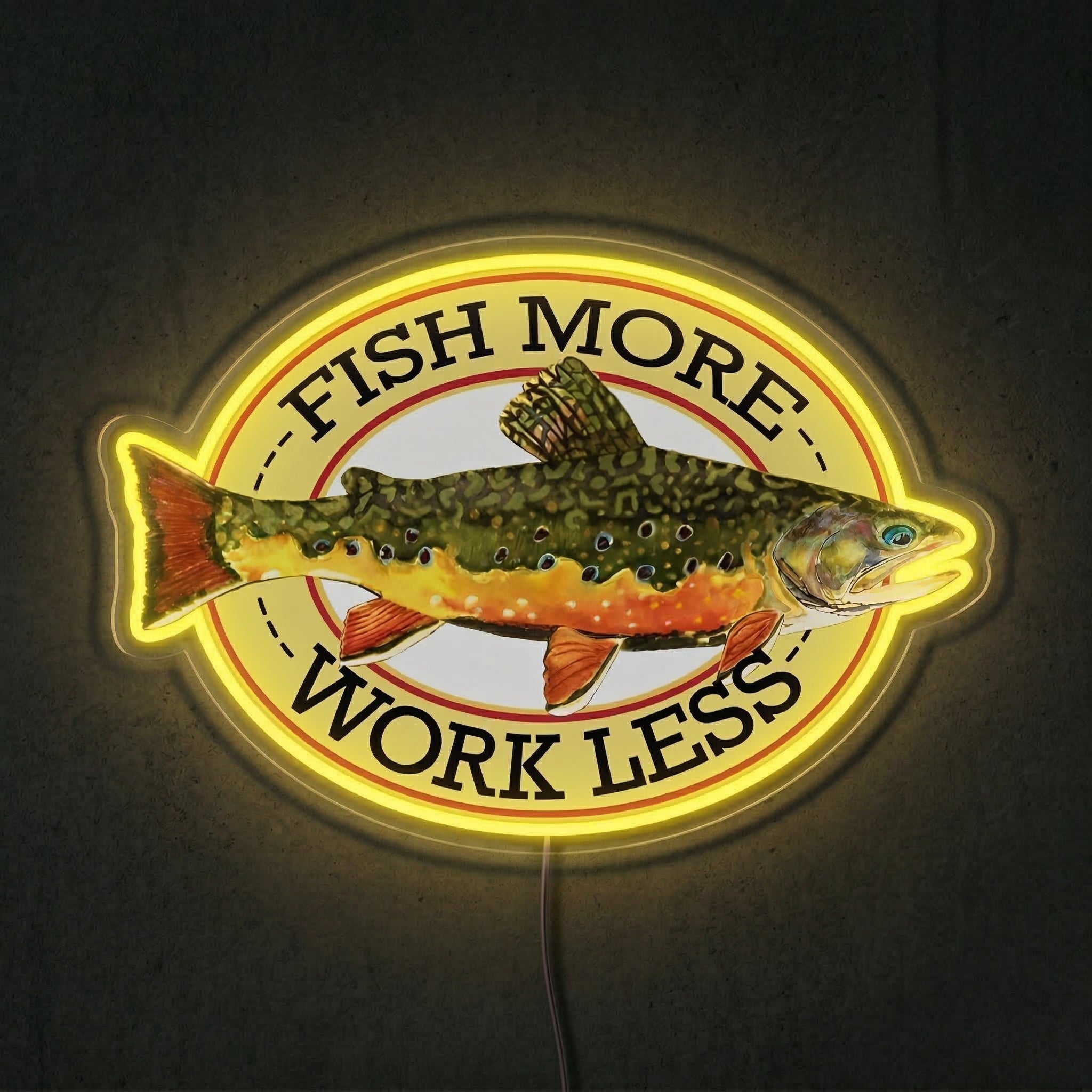 ShineNeon™ Fish More Work Less Brook Trout LED Neon Sign Fishing Den Wall Decor USB Power - Shineneon