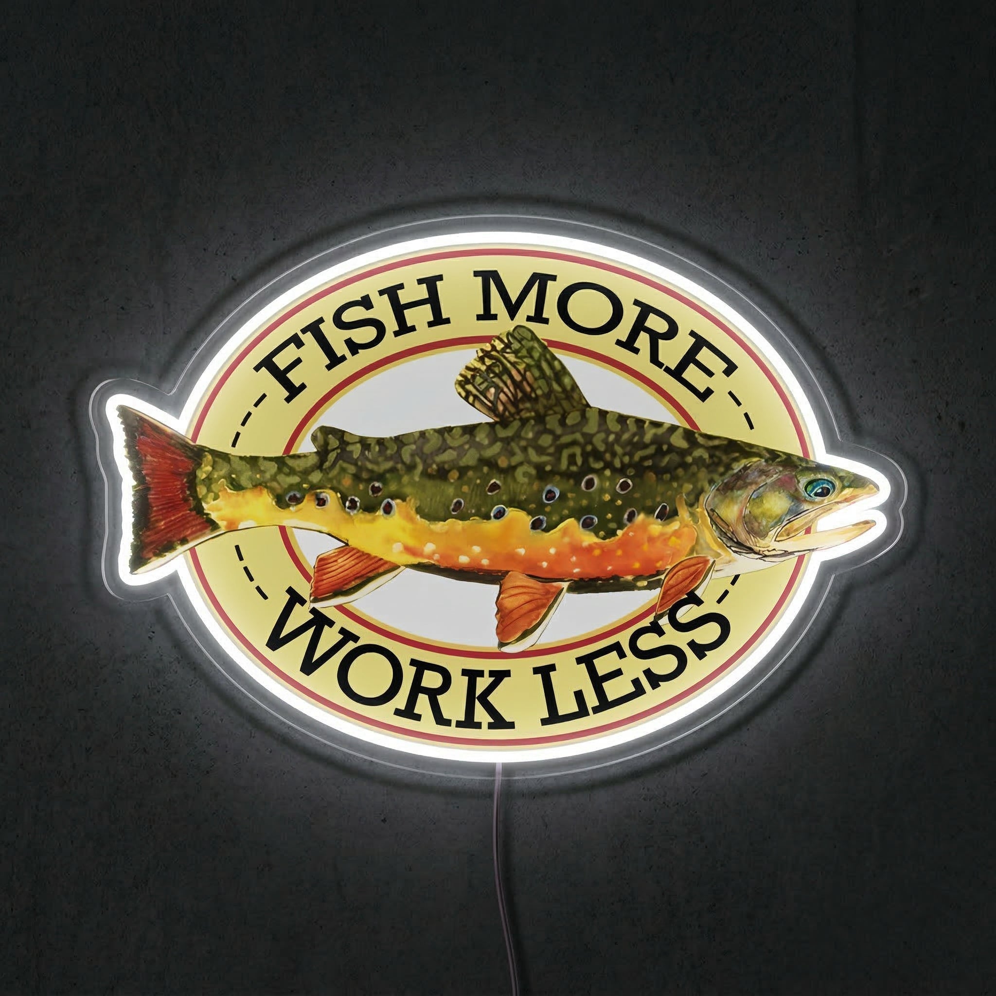 ShineNeon™ Fish More Work Less Brook Trout LED Neon Sign Fishing Den Wall Decor USB Power - Shineneon