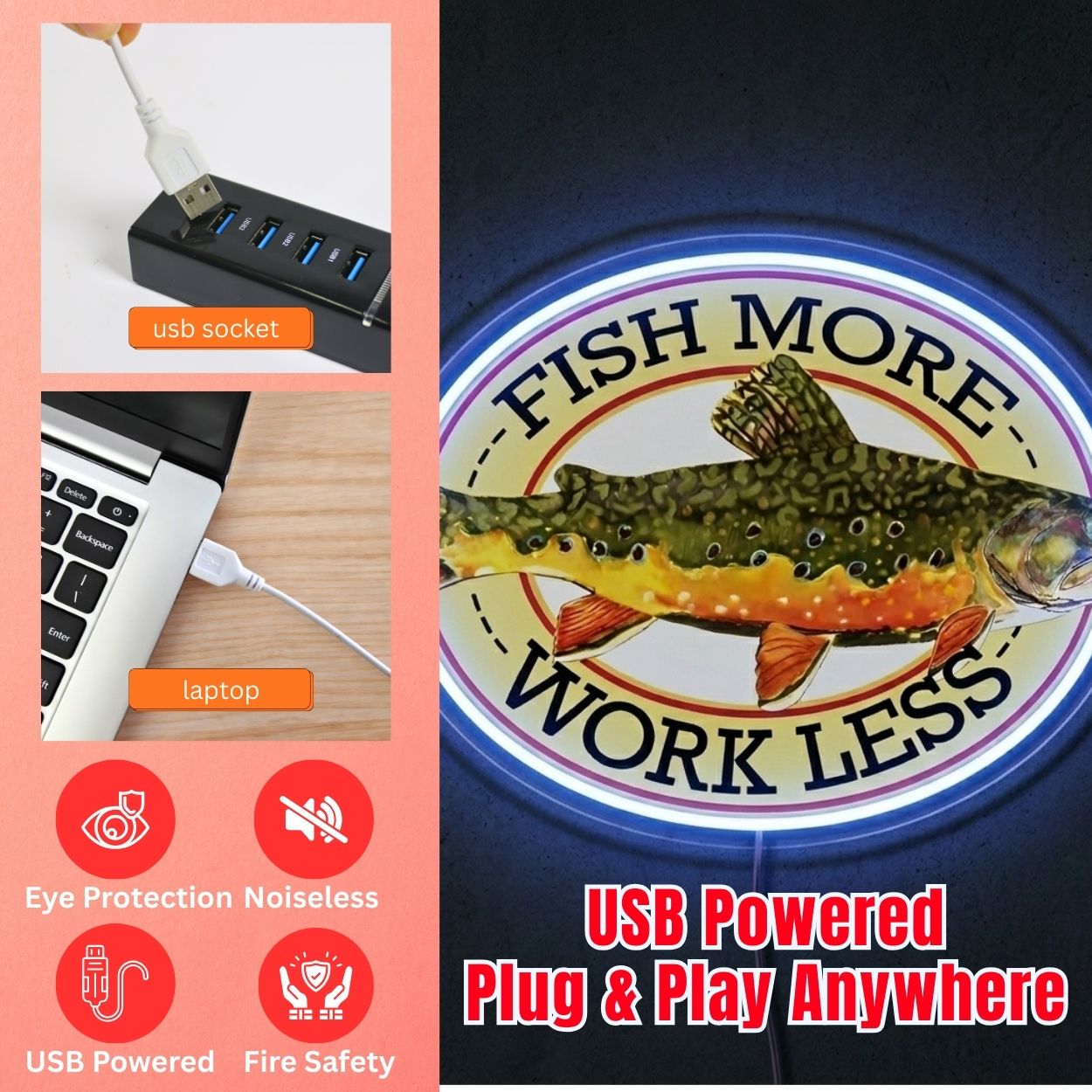 ShineNeon™ Fish More Work Less Brook Trout LED Neon Sign Fishing Den Wall Decor USB Power - Shineneon