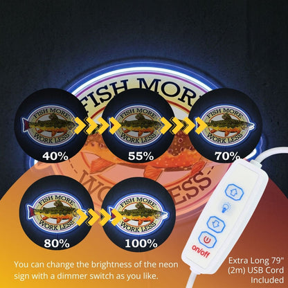 ShineNeon™ Fish More Work Less Brook Trout LED Neon Sign Fishing Den Wall Decor USB Power - Shineneon