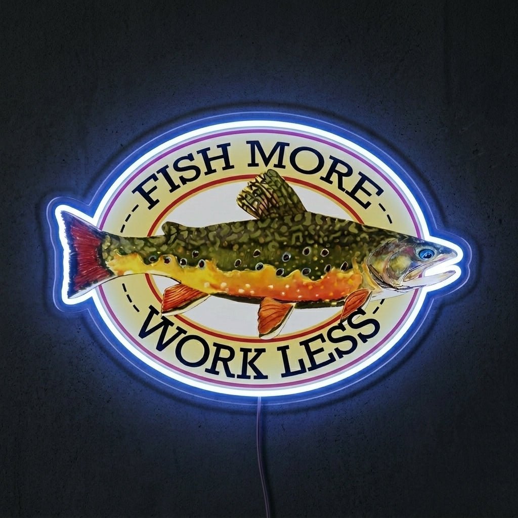 ShineNeon™ Fish More Work Less Brook Trout LED Neon Sign Fishing Den Wall Decor USB Power - Shineneon