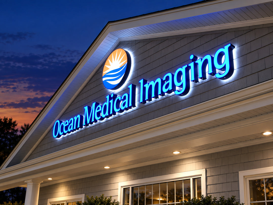 Reference-based visualization of blue front-lit channel letters with white rear halo lighting.