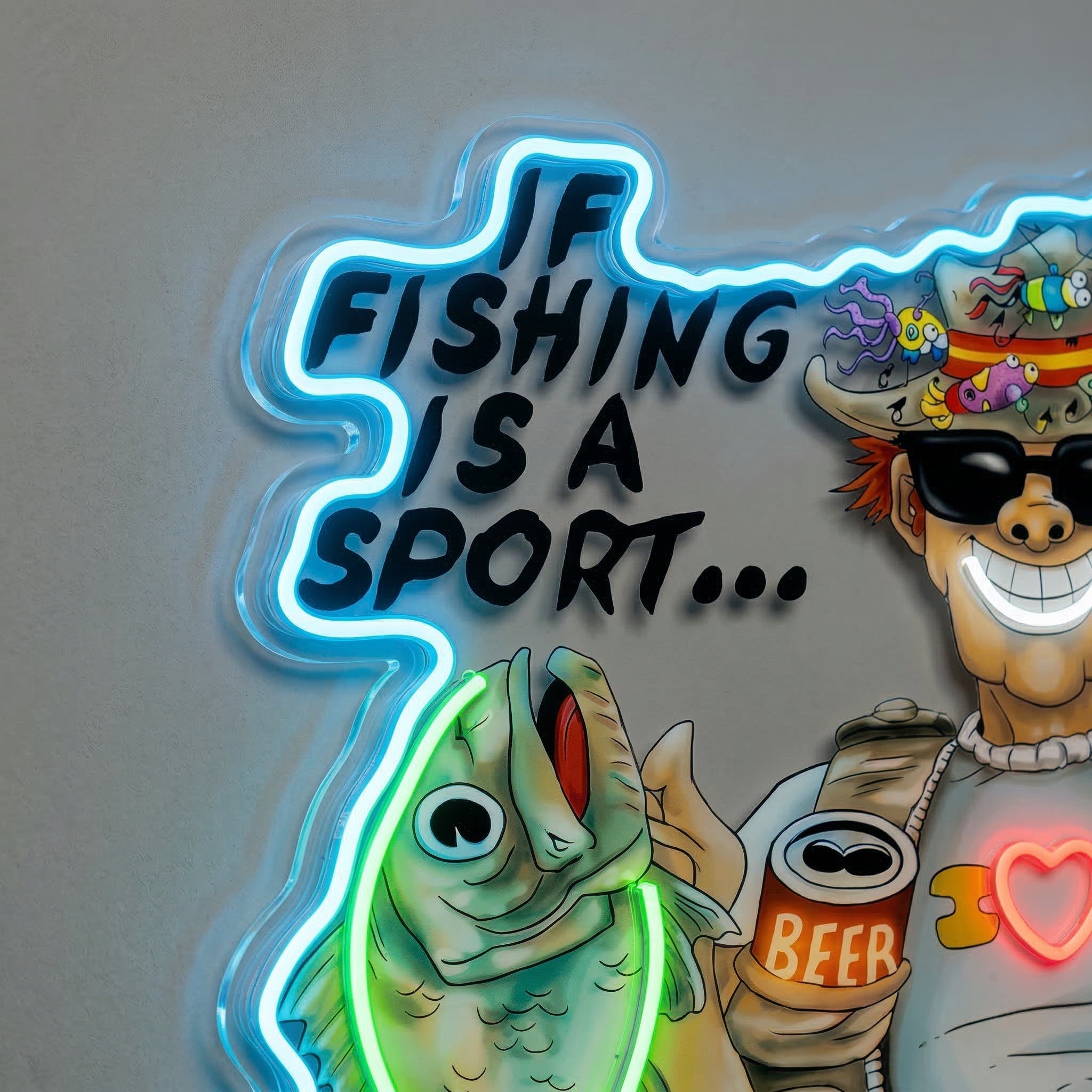 ShineNeon™ Funny Fishing Athlete Neon Sign Beer & Bass LED Wall Decor USB Powered - Shineneon