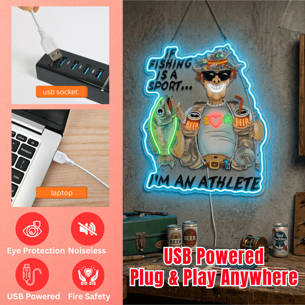 ShineNeon™ Funny Fishing Athlete Neon Sign Beer & Bass LED Wall Decor USB Powered - Shineneon