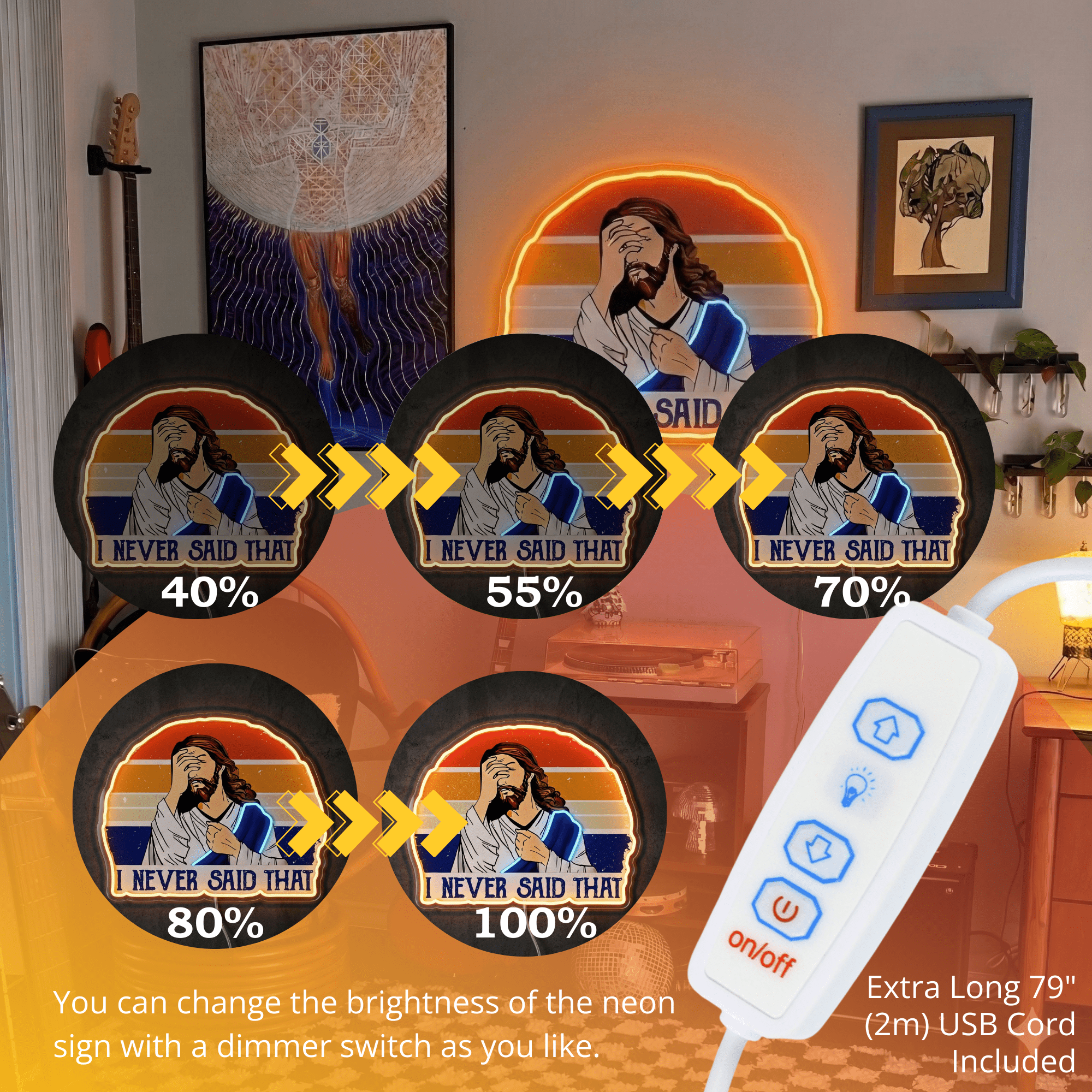 ShineNeon™ Funny Jesus I Never Said That Neon Sign Retro Sunset Meme Wall Decor USB Powered - Shineneon