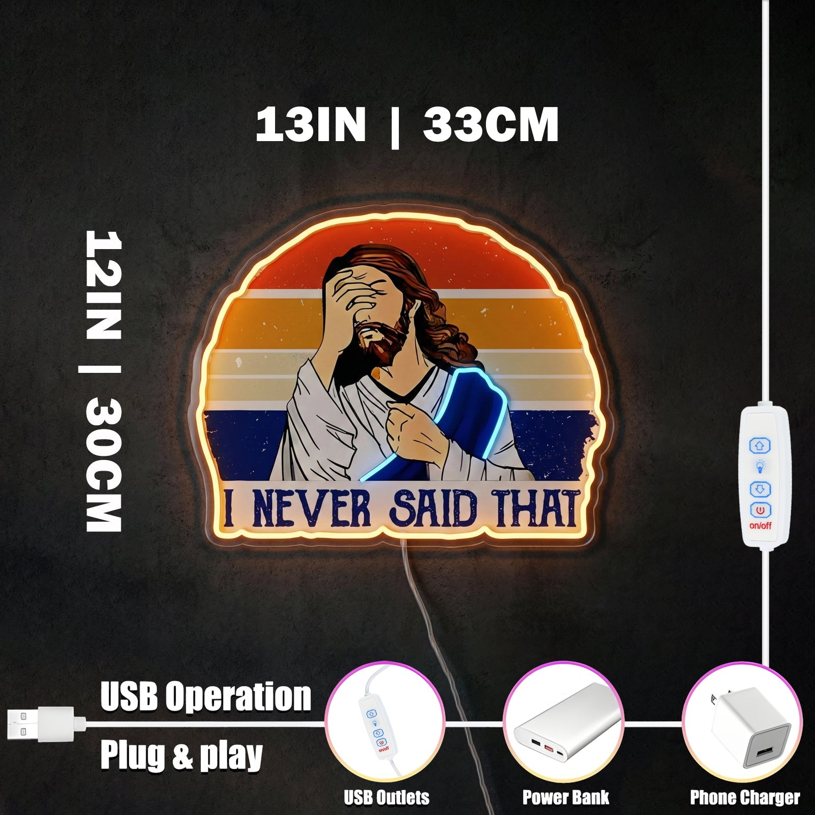 ShineNeon™ Funny Jesus I Never Said That Neon Sign Retro Sunset Meme Wall Decor USB Powered - Shineneon