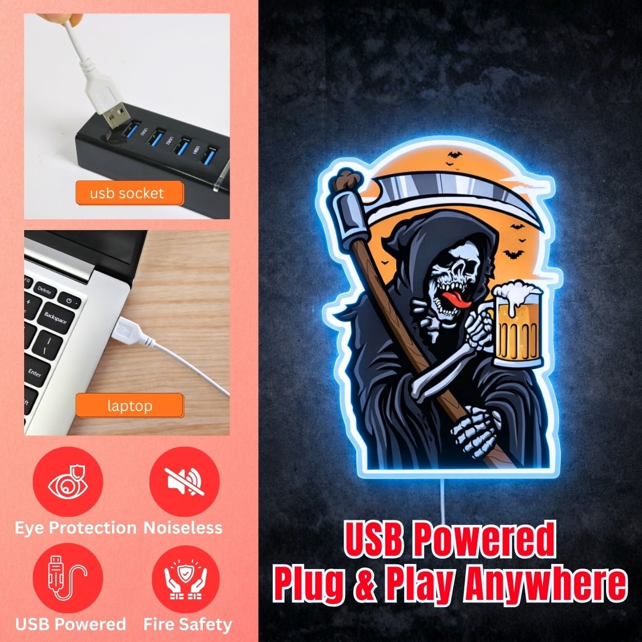 ShineNeon™ Grim Reaper Beer Neon Sign Gothic Halloween Man Cave Decor USB Power Neon Sign - Shineneon