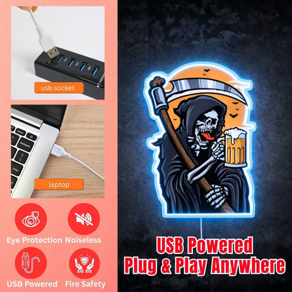 ShineNeon™ Grim Reaper Beer Neon Sign Gothic Halloween Man Cave Decor USB Power Neon Sign - Shineneon