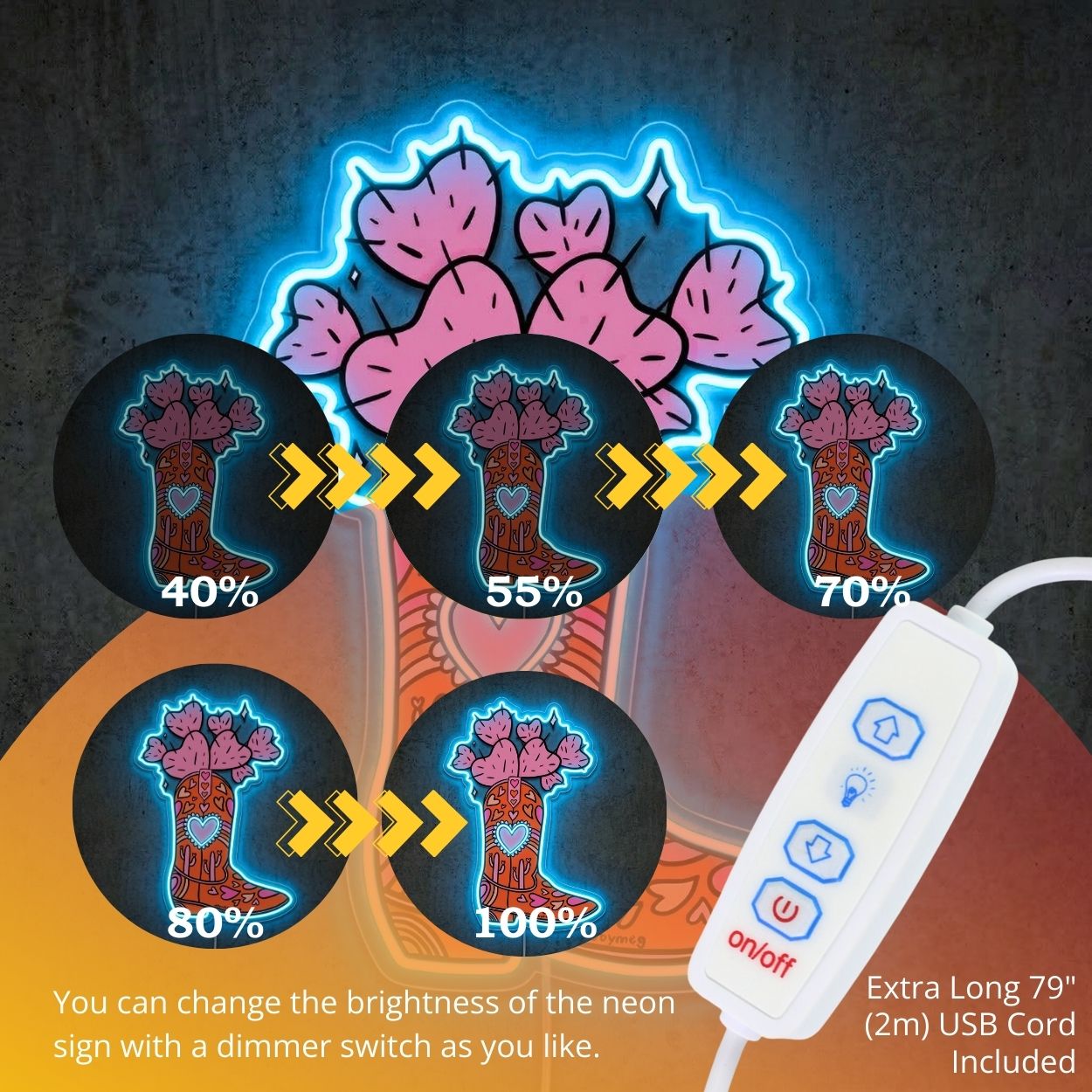 ShineNeon™ Heart Cactus Cowboy Boot Neon Sign Boho Western Wall Decor USB Powered Art - Shineneon