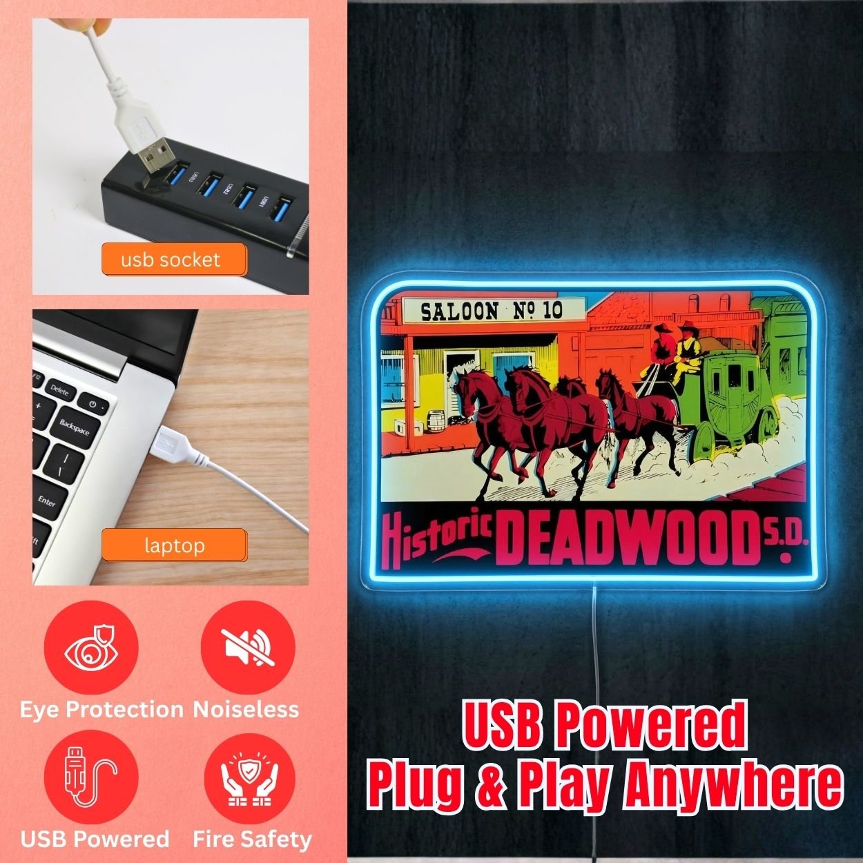 ShineNeon™ Historic Deadwood SD Neon Sign Wild West Saloon No 10 Wall Decor USB Power - Shineneon