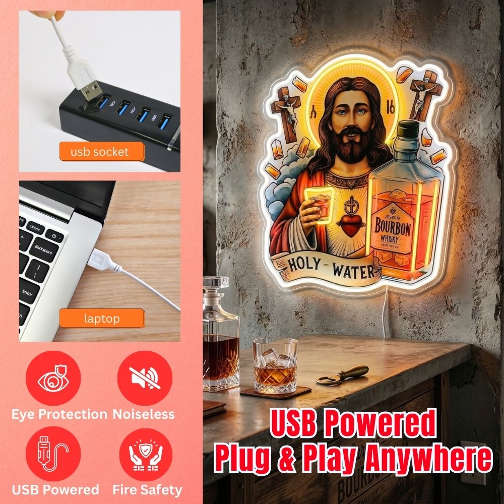 ShineNeonâ„?Holy Water Bourbon Jesus Neon Sign - Funny Home Bar & Man Cave Wall Decor - USB Power - Shineneon