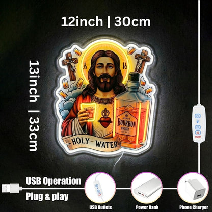 ShineNeonâ„?Holy Water Bourbon Jesus Neon Sign - Funny Home Bar & Man Cave Wall Decor - USB Power - Shineneon
