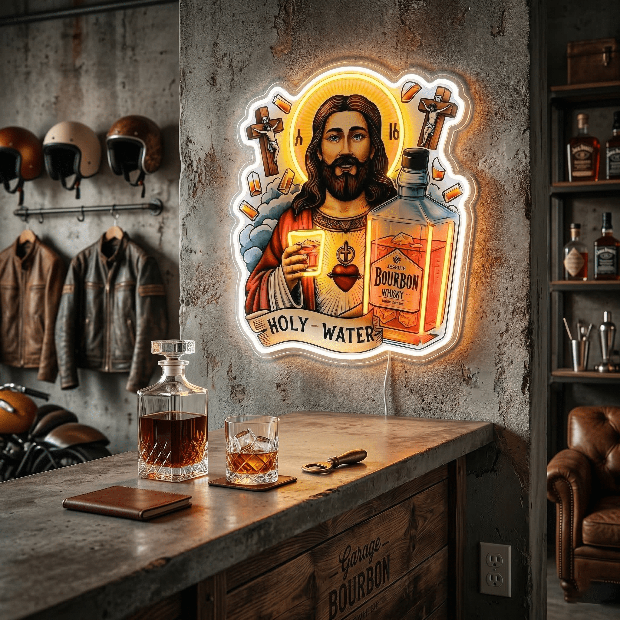 ShineNeonâ„?Holy Water Bourbon Jesus Neon Sign - Funny Home Bar & Man Cave Wall Decor - USB Power - Shineneon