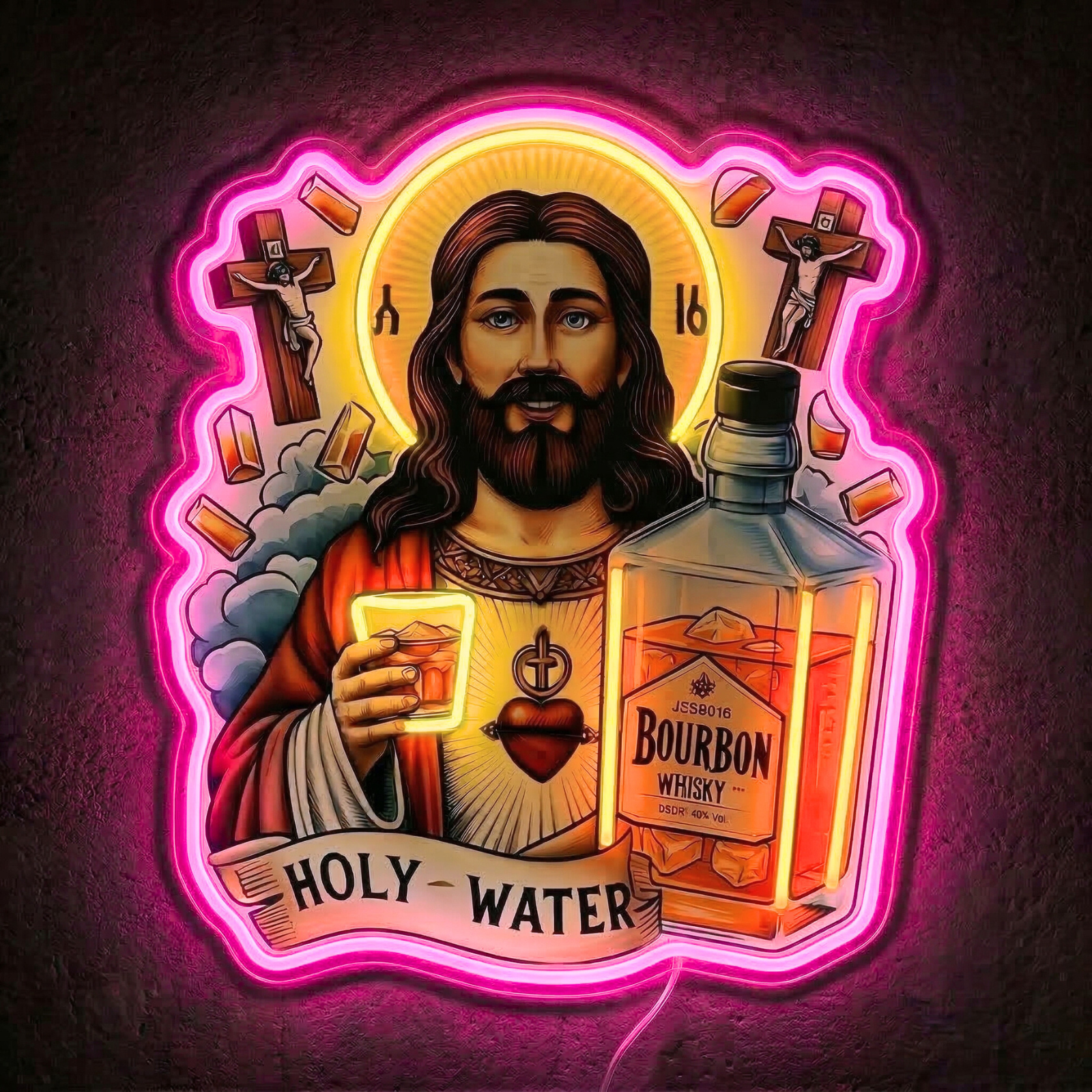 ShineNeon™ Holy Water Bourbon Jesus Neon Sign - Funny Home Bar & Man Cave Wall Decor - USB Power - Shineneon