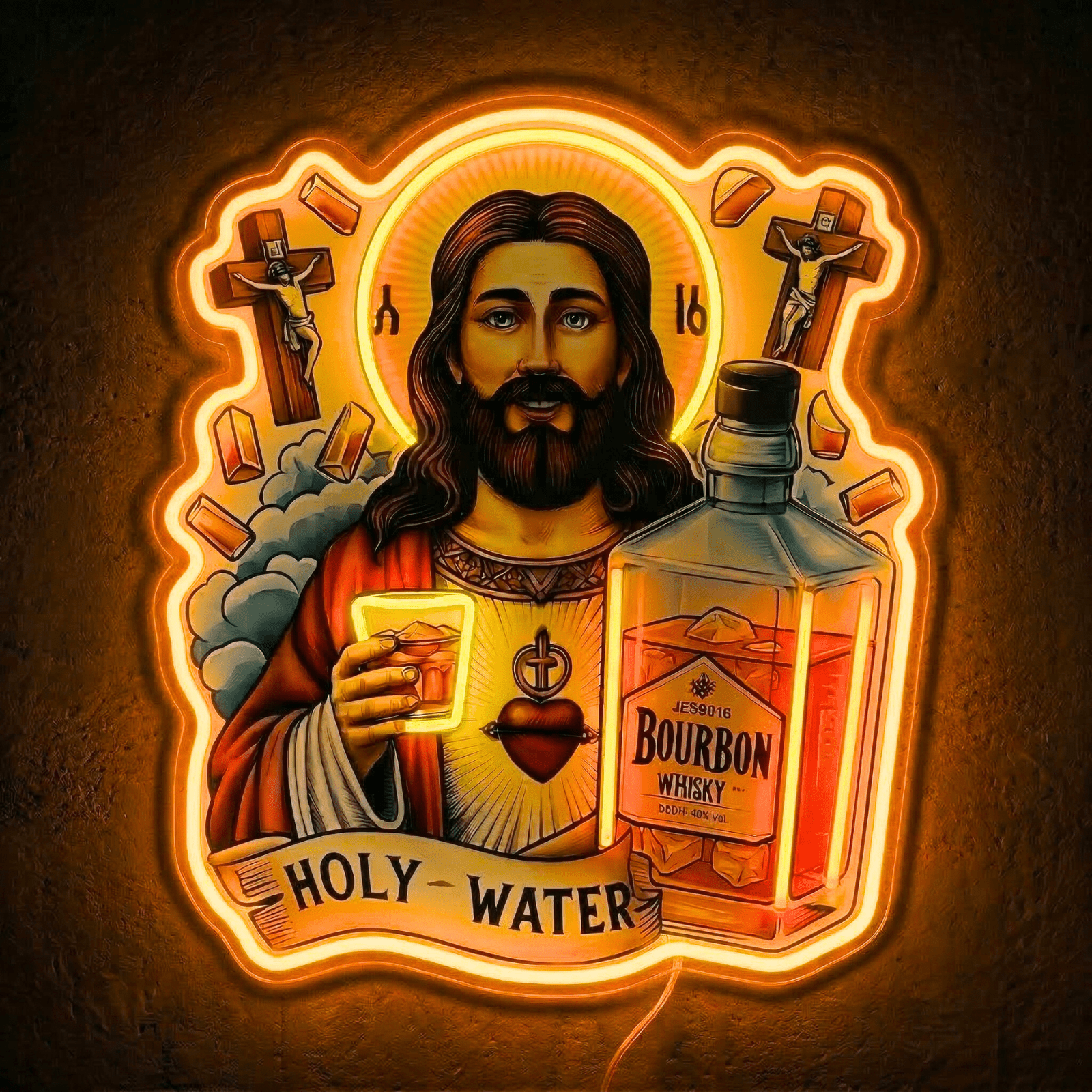 ShineNeon™ Holy Water Bourbon Jesus Neon Sign - Funny Home Bar & Man Cave Wall Decor - USB Power - Shineneon