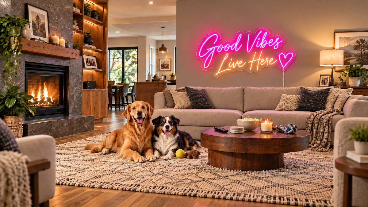 Illustrative home bar with a pink Stay for One More LED neon sign above a wood counter.