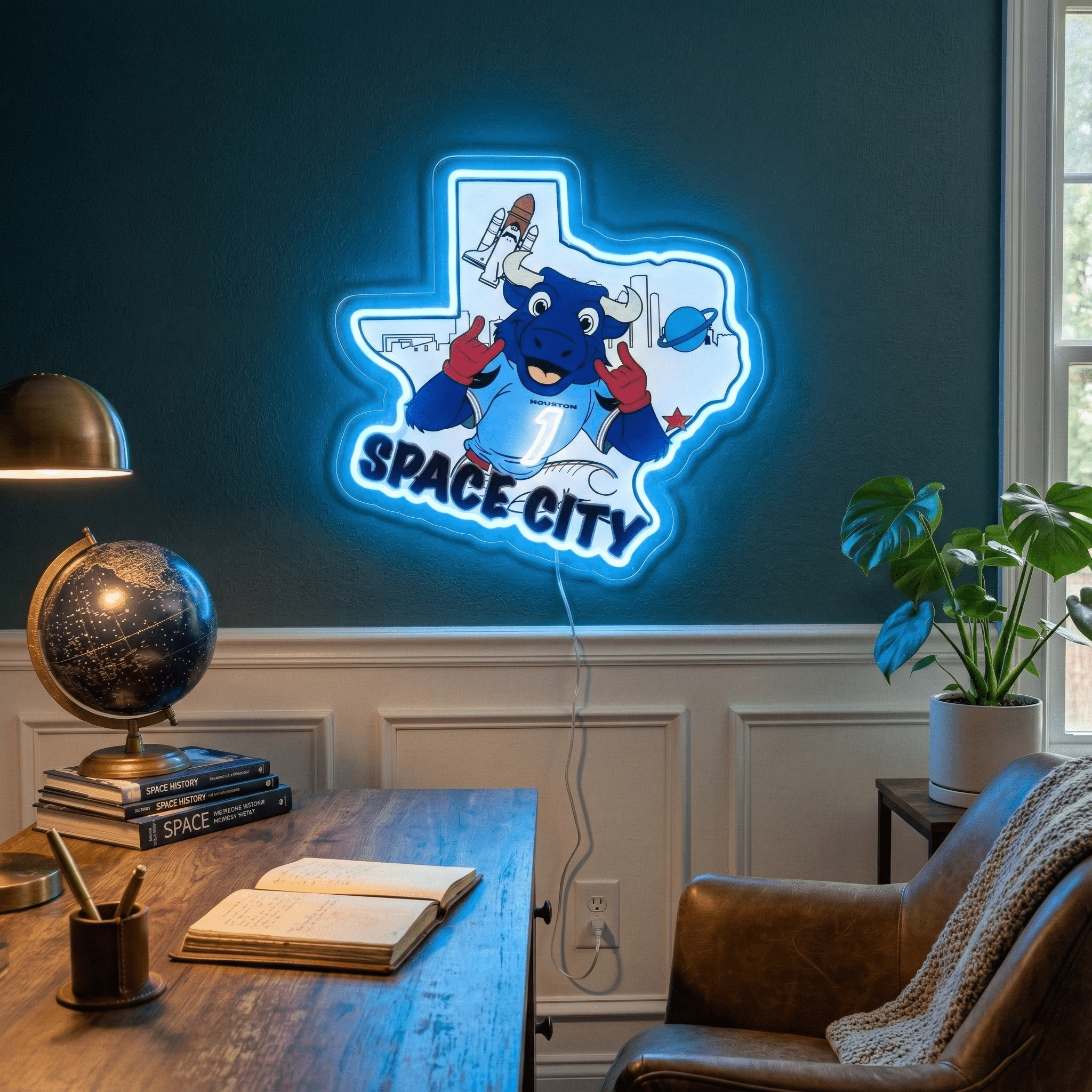 ShineNeon™ Houston Space City Texas Bull LED Neon Sign Multi - Color Sport Cave Vibe USB Power - Shineneon