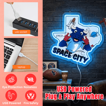 ShineNeon™ Houston Space City Texas Bull LED Neon Sign Multi - Color Sport Cave Vibe USB Power - Shineneon