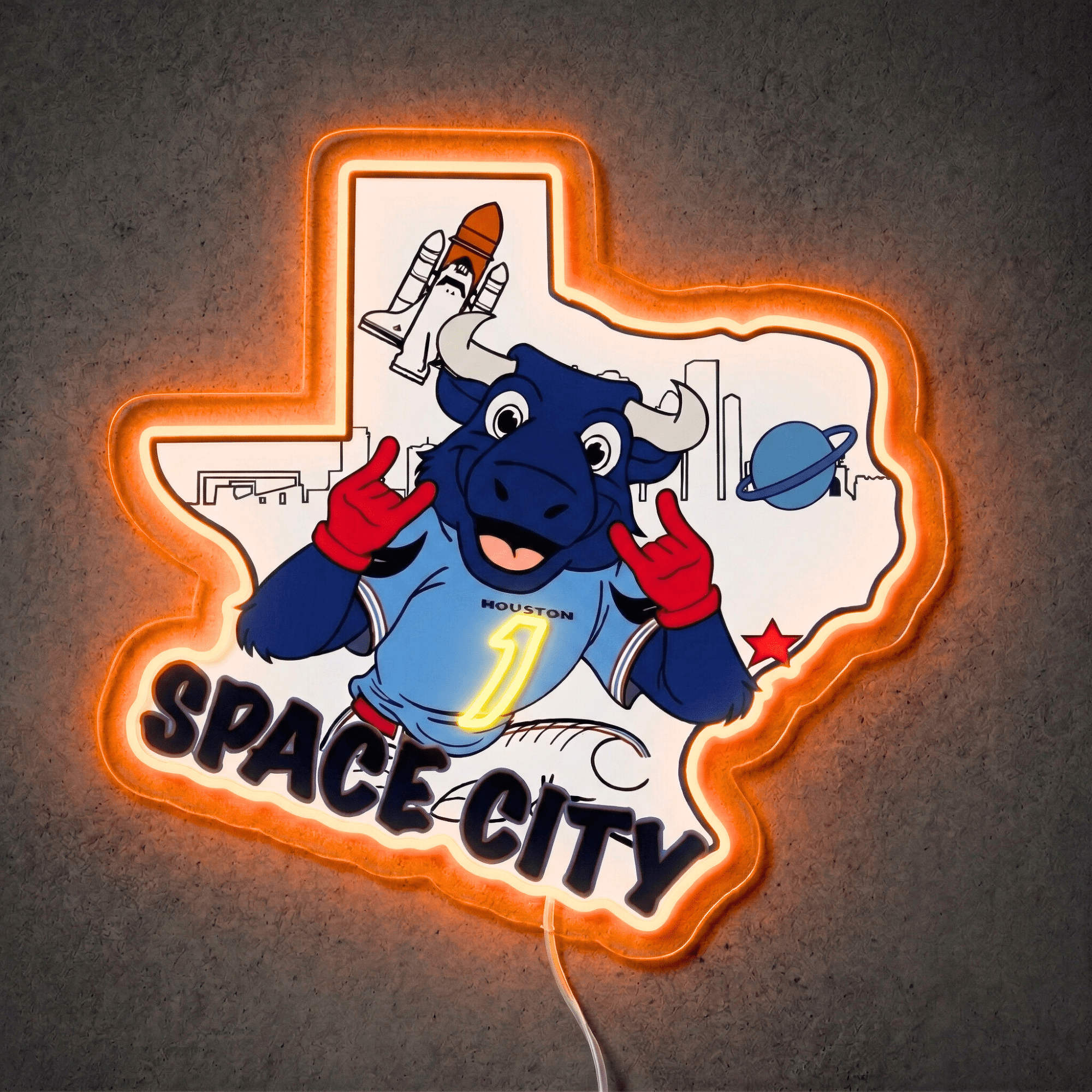 ShineNeon™ Houston Space City Texas Bull LED Neon Sign Multi - Color Sport Cave Vibe USB Power - Shineneon