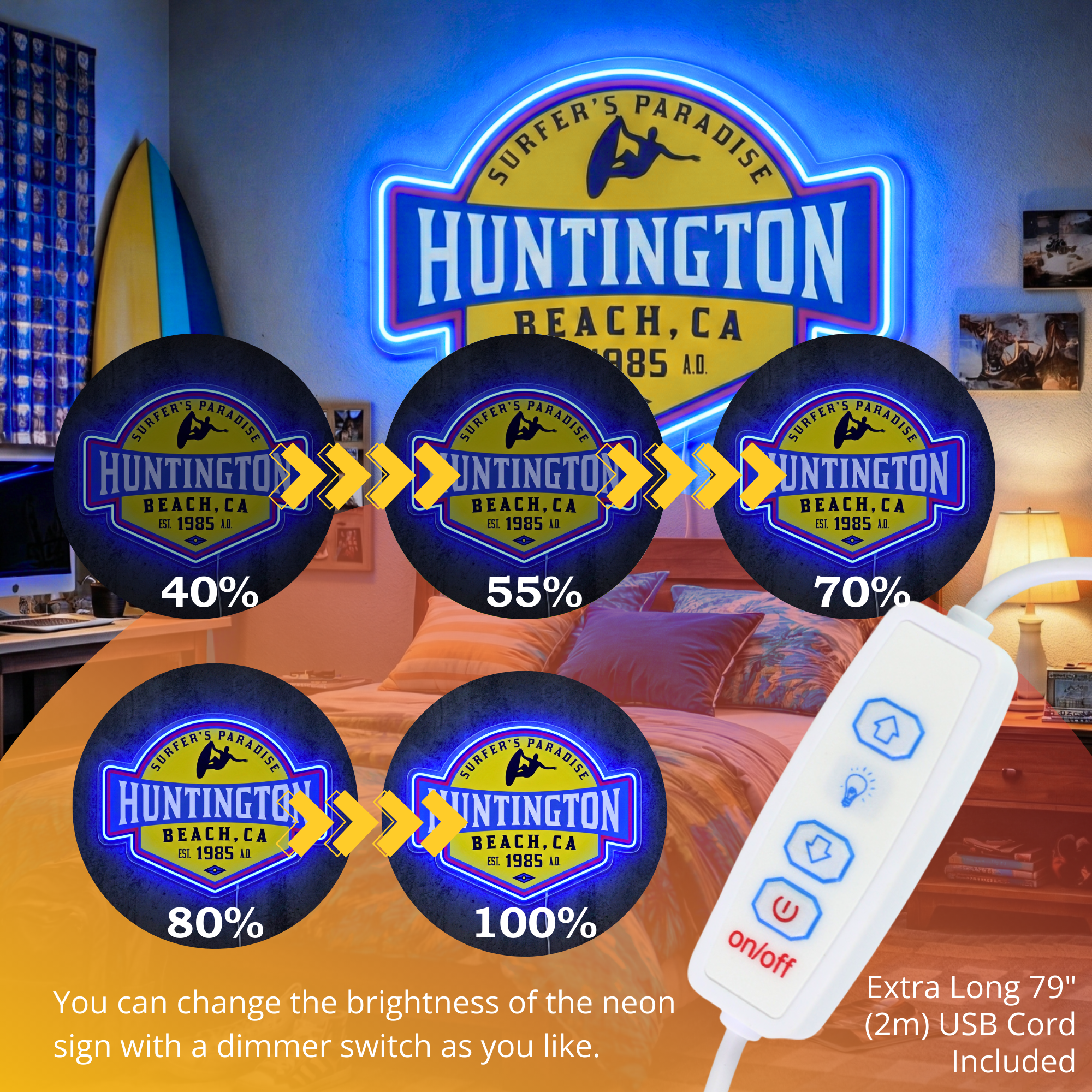 ShineNeon™ Huntington Beach CA Surfers Paradise LED Neon Sign - Retro Wall Decor USB Powered - Shineneon