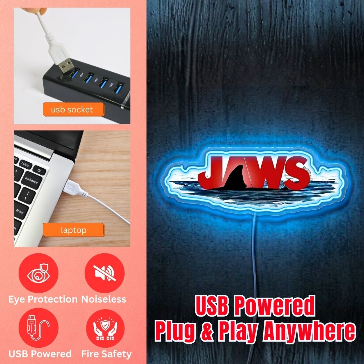 ShineNeon™ JAWS Movie Poster Neon Sign Shark Fin Cinematic Wall Art Decor USB Power Neon Sign - Shineneon