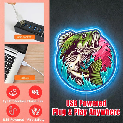 ShineNeon™ Largemouth Bass Leaping Neon Sign Dynamic Fishing Sunset Art USB Powered - Shineneon