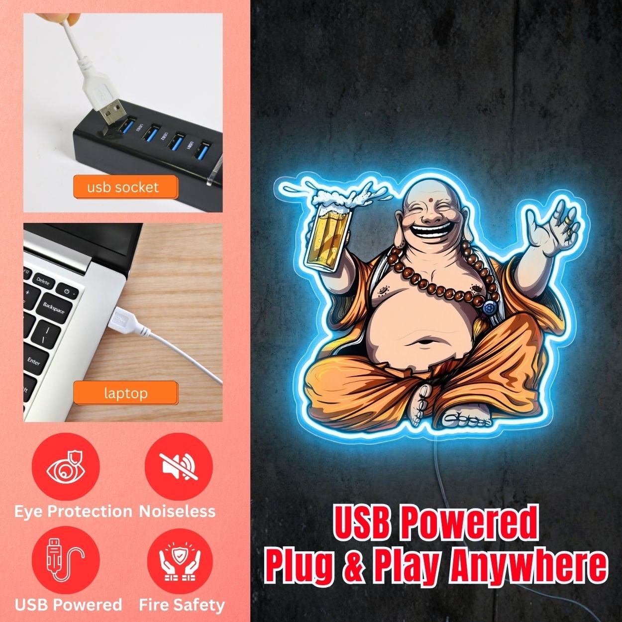 ShineNeon™ Laughing Buddha Beer Neon Sign Zen Garden Bar Decor USB Power Neon Sign - Shineneon