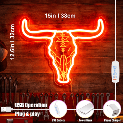 ShineNeon™ Longhorn Bull Skull LED Neon Sign - Rustic Western Wall Decor for Bar & Man Cave - Shineneon
