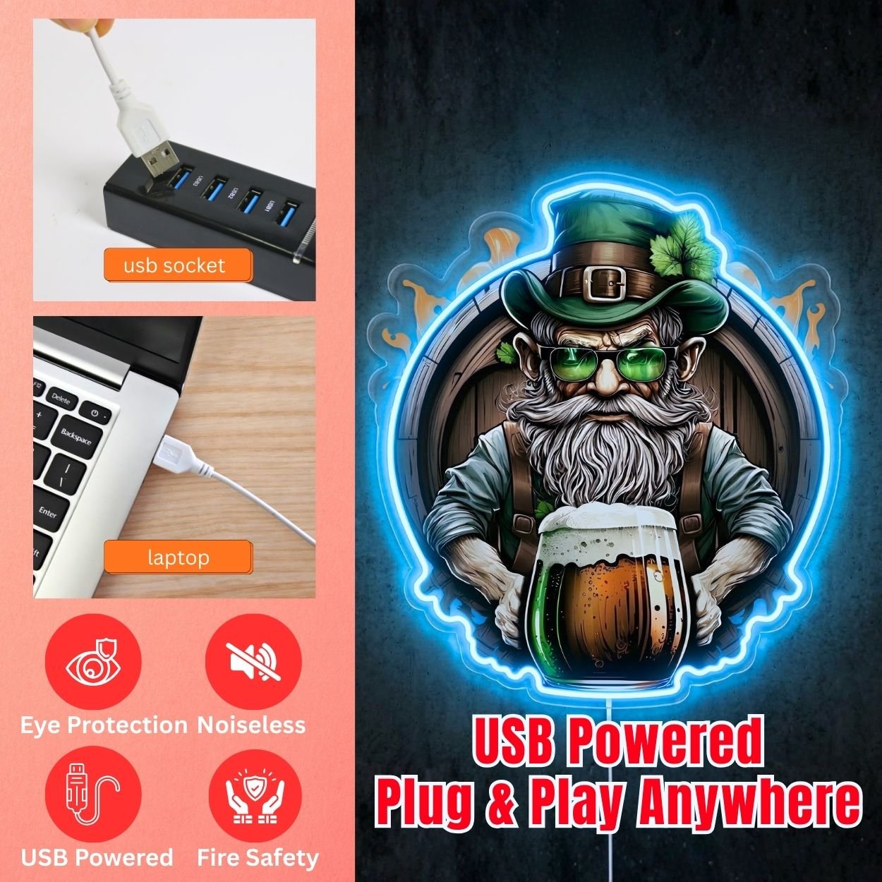 ShineNeon™ Lucky Leprechaun Beer Barrel Neon Sign St. Patrick’s Day Man Cave Decor USB Power - Shineneon