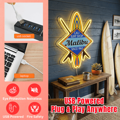 ShineNeon™ Malibu Cali Surf Shop LED Neon Sign - Retro Beach Vibe Wall Decor (USB Powered) - Shineneon