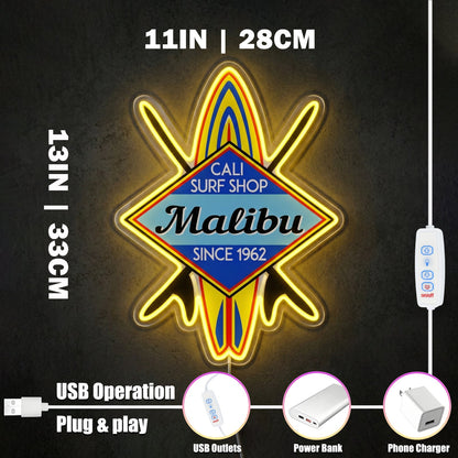 ShineNeon™ Malibu Cali Surf Shop LED Neon Sign - Retro Beach Vibe Wall Decor (USB Powered) - Shineneon