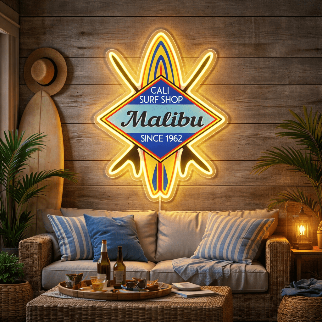 ShineNeon™ Malibu Cali Surf Shop LED Neon Sign - Retro Beach Vibe Wall Decor (USB Powered) - Shineneon