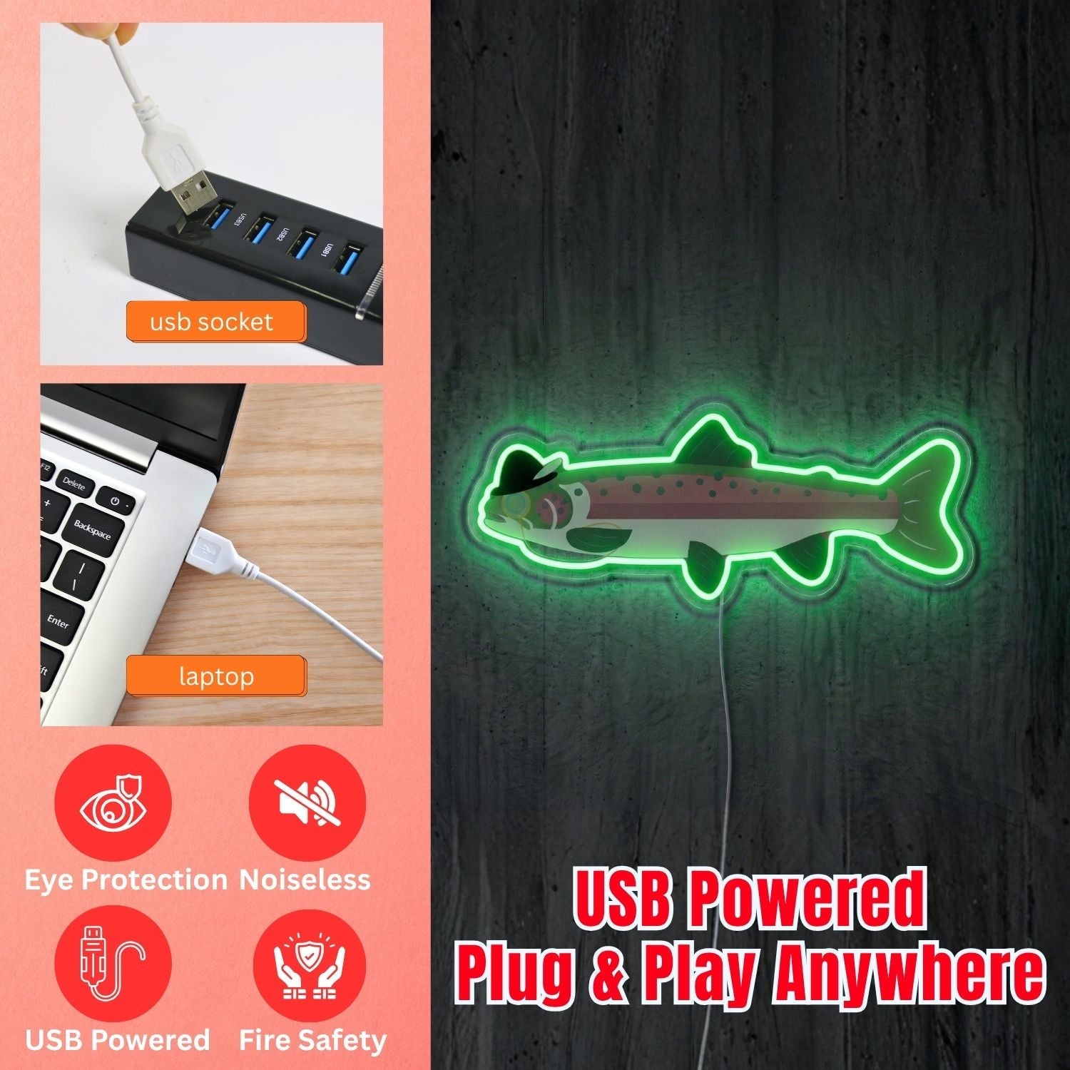 ShineNeon™ Minimal Trout Outline neon sign USB Power - Shineneon