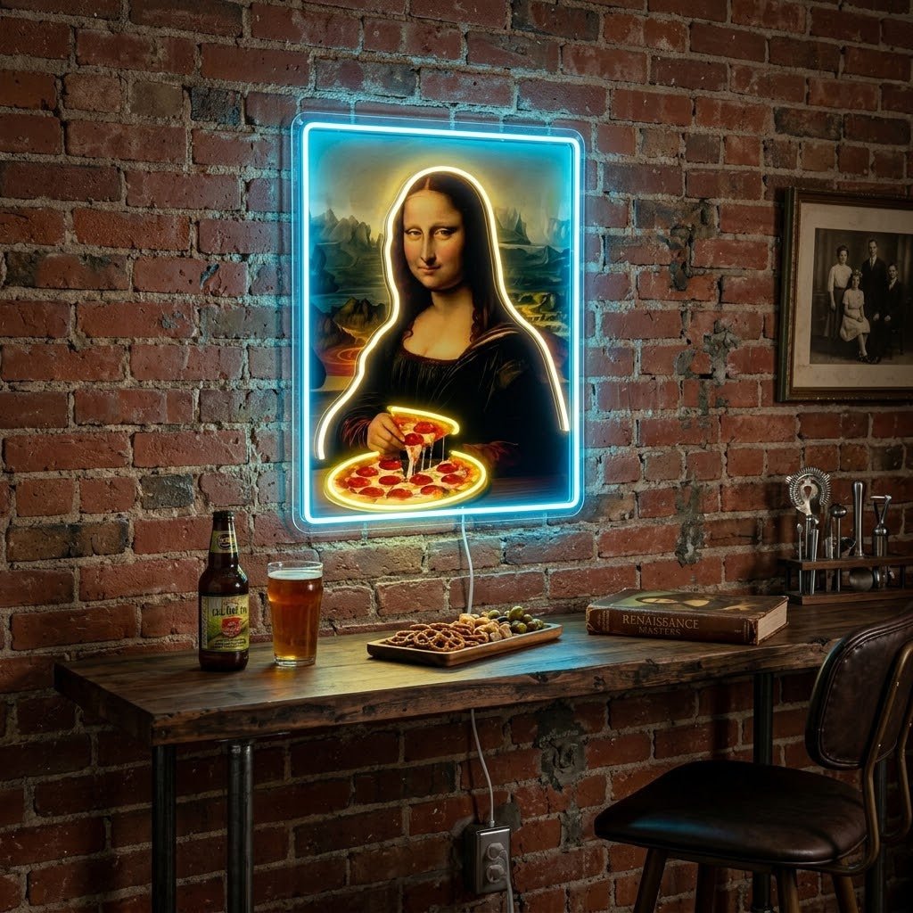 ShineNeon™ Mona Lisa Eating Pizza Classic Art Neon Sign USB Power - Shineneon
