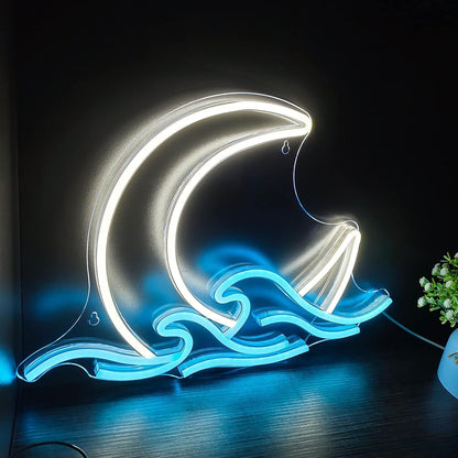 ShineNeon™ Moon & Ocean Waves LED Neon Sign - Serene Coastal Wall Decor for Bedroom - Shineneon