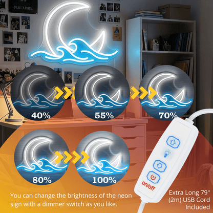 ShineNeon™ Moon & Ocean Waves LED Neon Sign - Serene Coastal Wall Decor for Bedroom - Shineneon