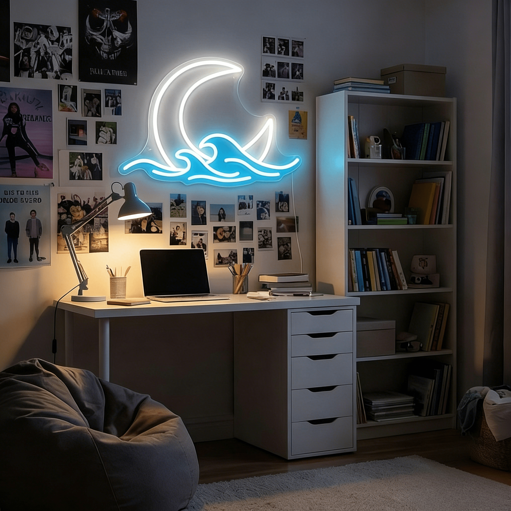 ShineNeon™ Moon & Ocean Waves LED Neon Sign - Serene Coastal Wall Decor for Bedroom - Shineneon