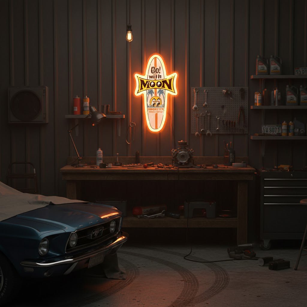 ShineNeonâ„?Mooneyes Surfboard LED Neon Sign - Retro Surf Wall Art Decor (USB Powered) - Shineneon