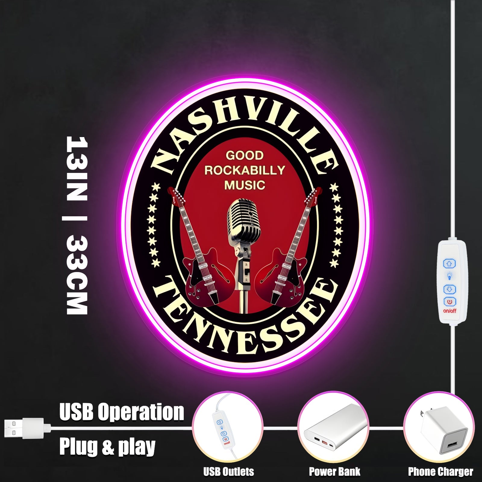 ShineNeon™ Nashville Tennessee Rockabilly LED Neon Sign - USB Power Music City Wall Decor - Shineneon