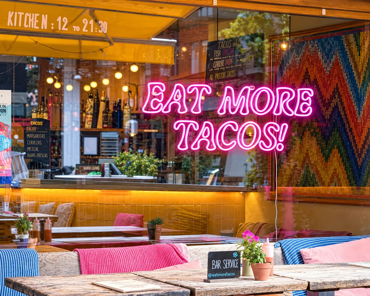 Pink EAT MORE TACOS! neon sign in a restaurant window overlooking outdoor seating.