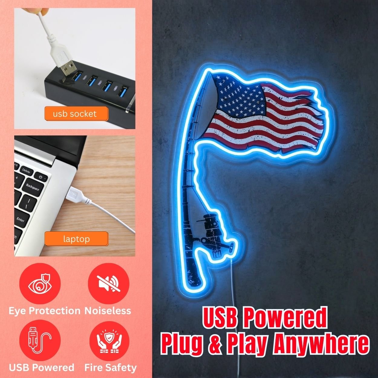 ShineNeon™ Patriotic Fishing Rod Neon Sign American Flag Bass Decor USB Powered Neon Sign - Shineneon