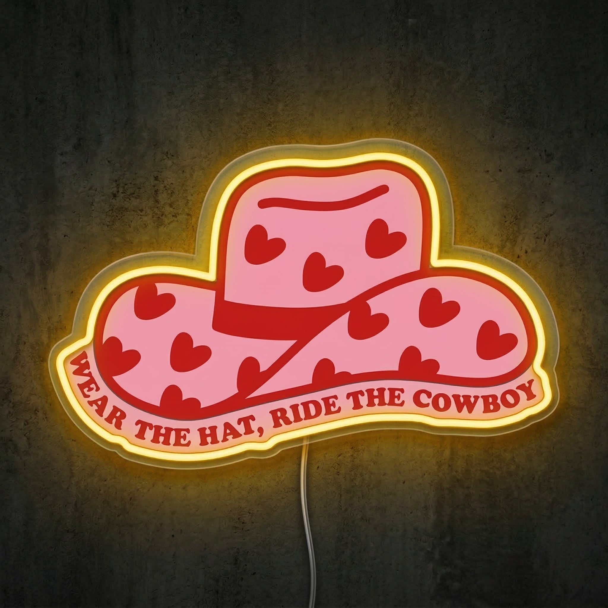ShineNeon™ Pink Cowgirl Hat Neon Sign Heart Pattern Western Decor Art USB Powered - Shineneon