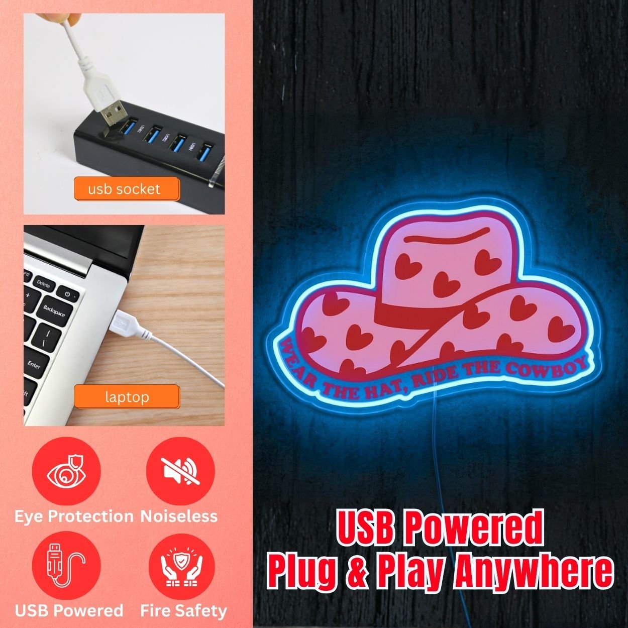 ShineNeon™ Pink Cowgirl Hat Neon Sign Heart Pattern Western Decor Art USB Powered - Shineneon