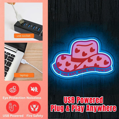 ShineNeon™ Pink Cowgirl Hat Neon Sign Heart Pattern Western Decor Art USB Powered - Shineneon